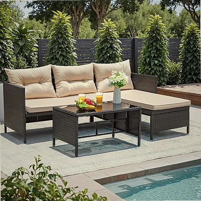 3-Piece Outdoor Wicker Patio Furniture Set with Cushions, Light Beige