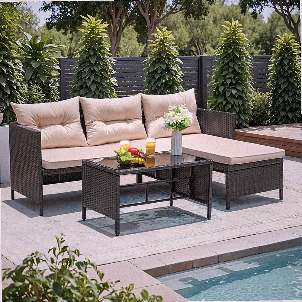 3 Piece Patio Furniture Set Outdoor Wicker Rattan Sectional Sofa with Cushion...
