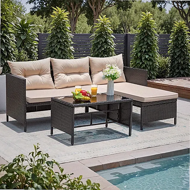 3 Piece Patio Furniture Set Outdoor Wicker Rattan Sectional Sofa with Cushions &