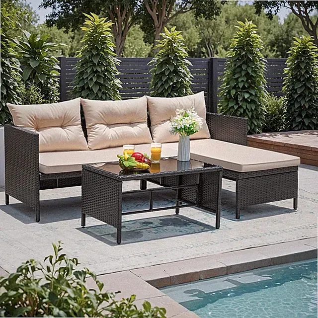 3 Piece Patio Furniture Set Outdoor Wicker Rattan Sectional Sofa with Cushions &