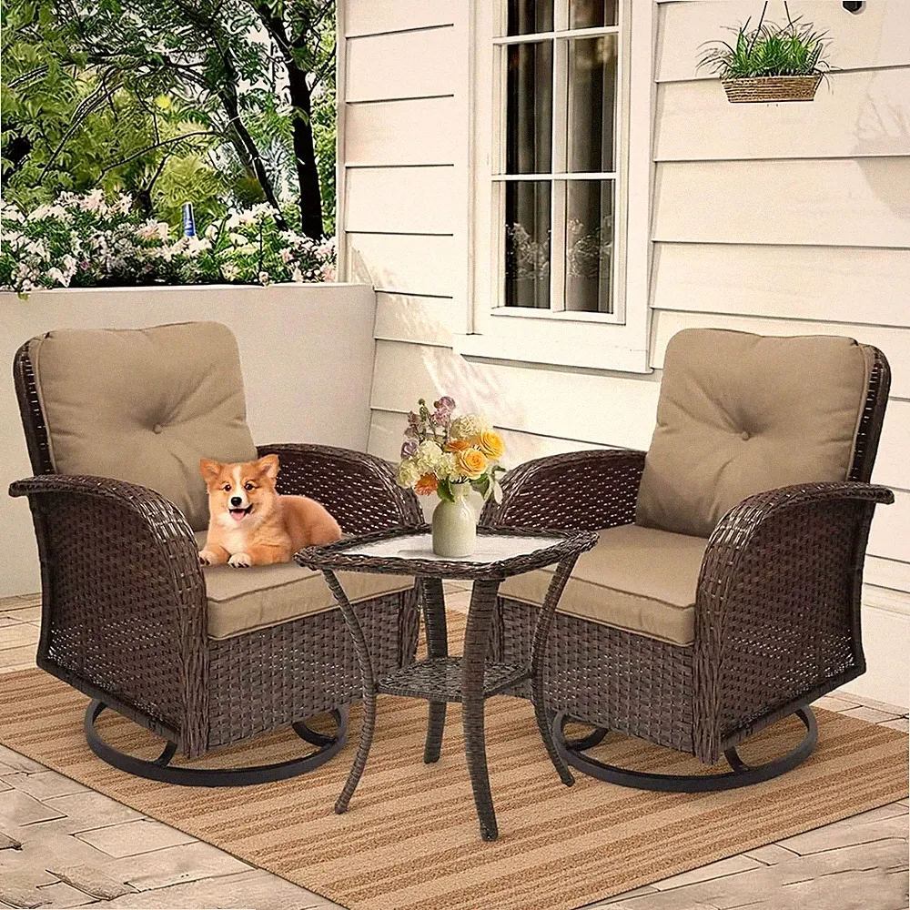 3 Piece Patio Furniture Set Outdoor Wicker Swivel Chairs Rattan w/Table
