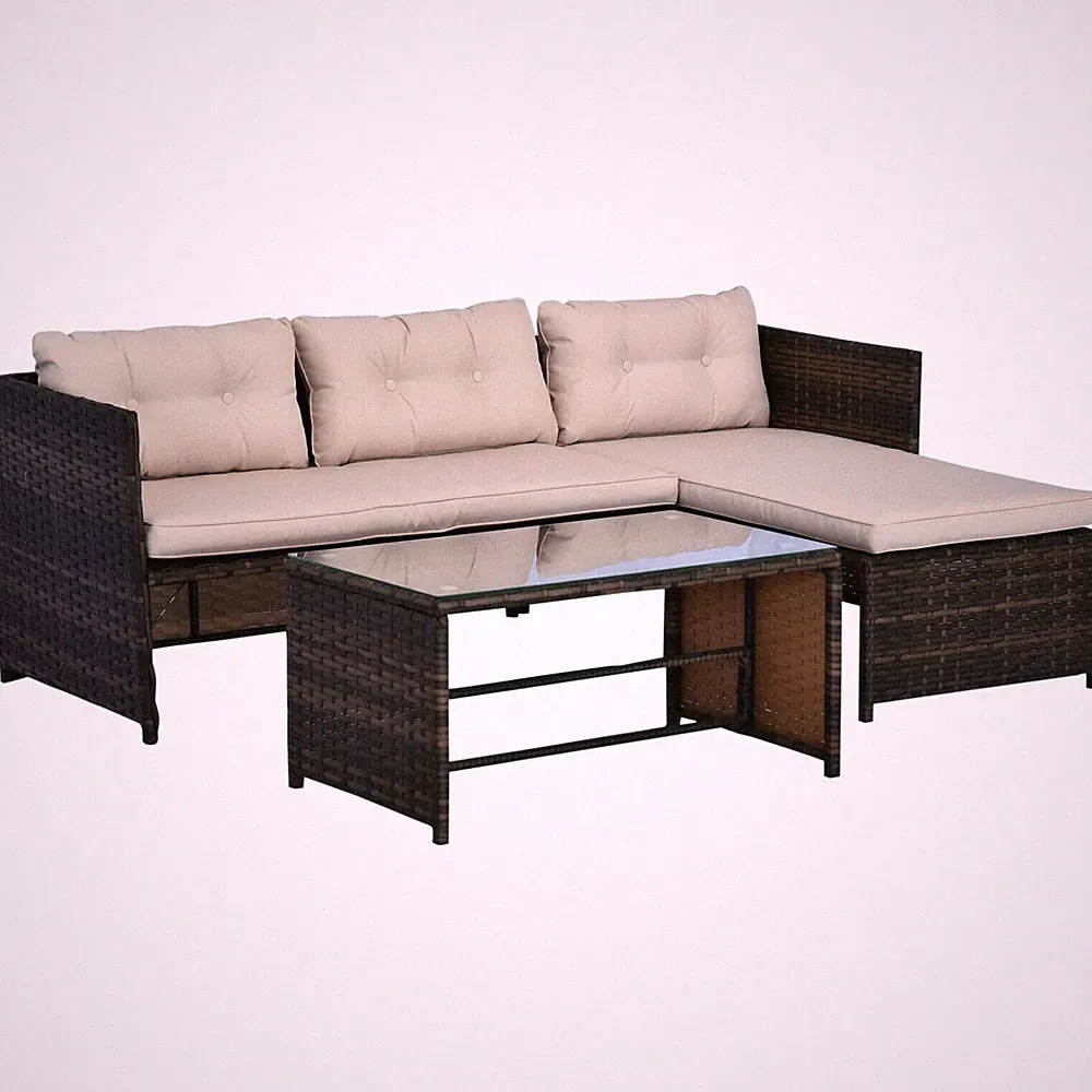 3 Piece Patio Furniture Set Rattan Outdoor Sofa with Chaise Lounge L-Shape Couch