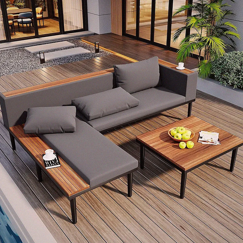 3 Piece Patio Outdoor Furniture Set for 6 People, All Weather L-Shaped Sectional