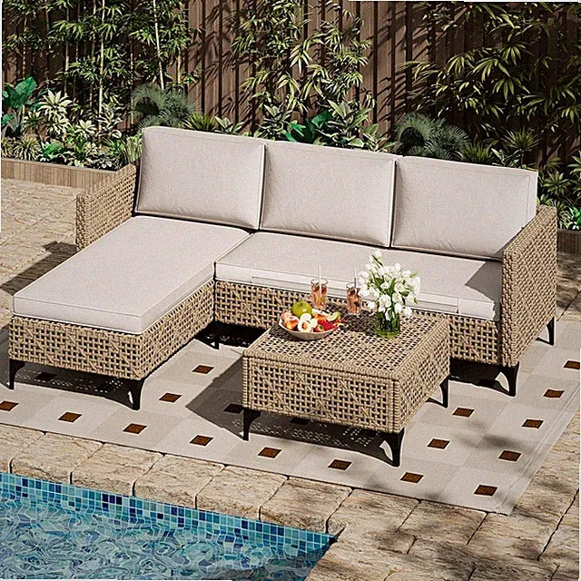 3 Piece Patio Wicker Sectional Set with Cushions & Coffee Table All Weather
