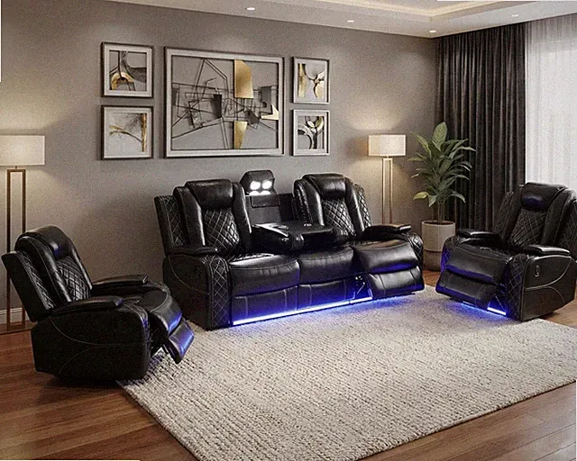 3 Piece Power Recliner Breathing Leather Living Room Set 3 Seat Reclining Sofa a