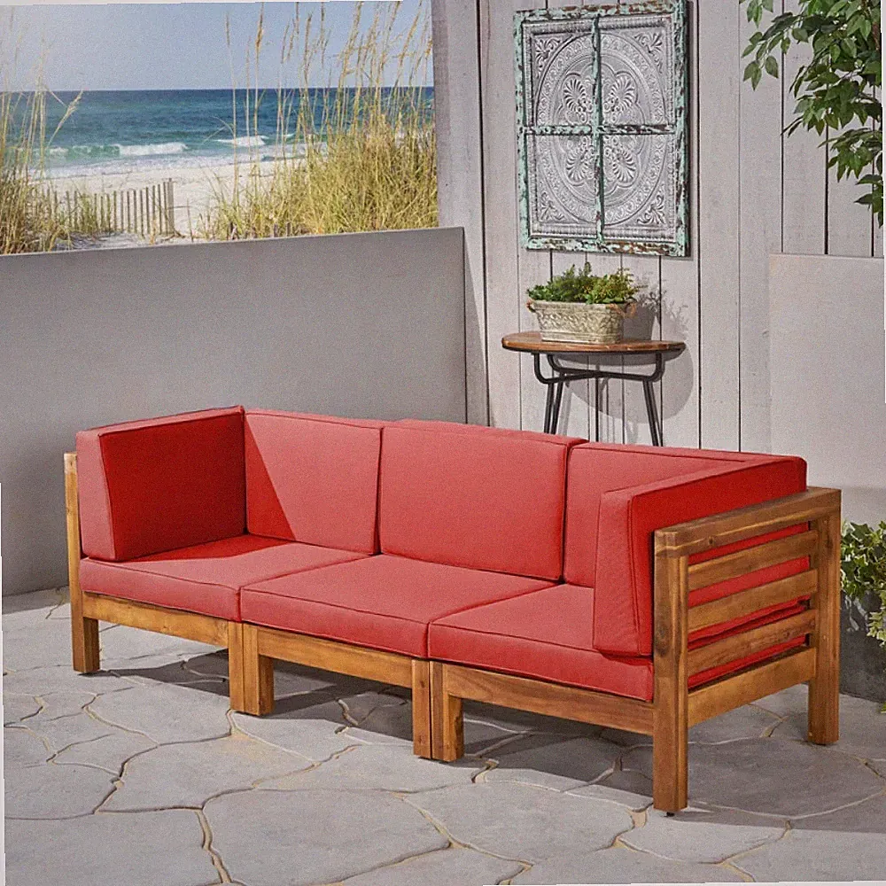 3-Piece Red Sofa Set, Outdoor Sectional w/ Cushions, Acacia Wood Sofa for Patio