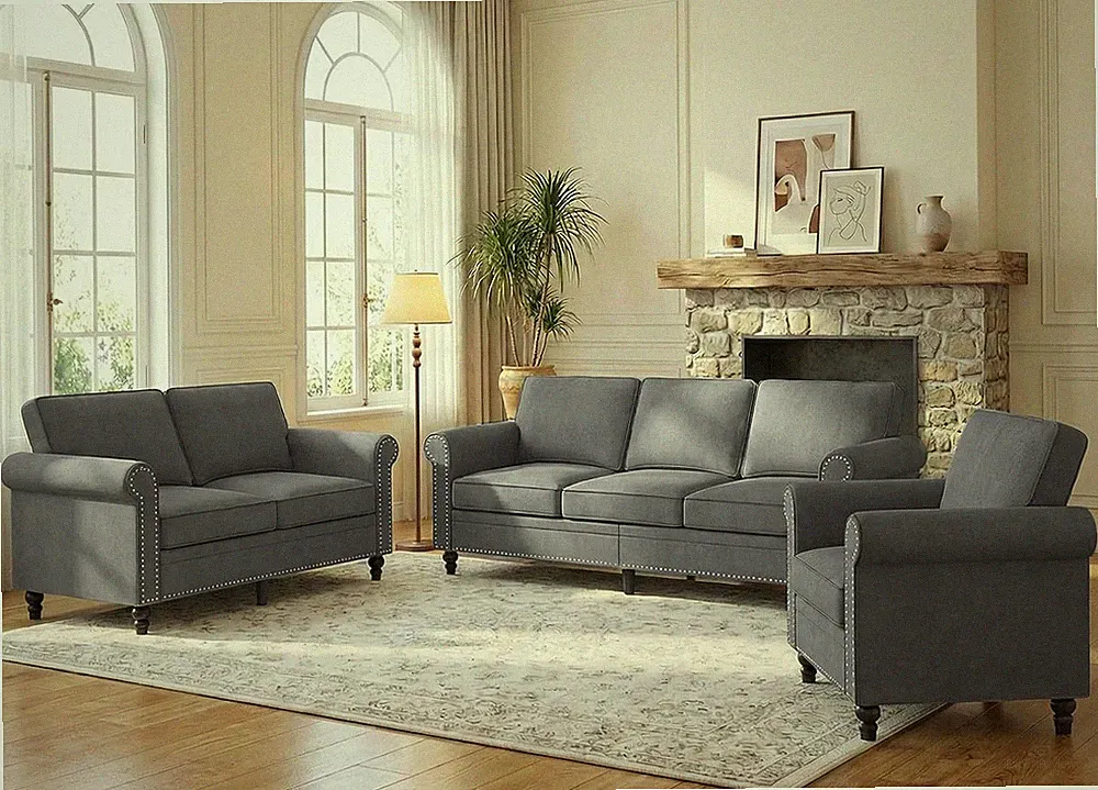 3 Piece Sectional Couches for Living Room,Sofa Set with Nailhead Trim | Linen Fa