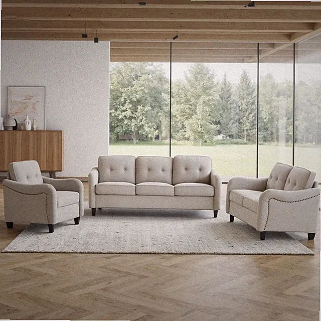 3-Piece Sofa Set with 1 Oversized Polyester 3-Seater Sofa & 1 Loveseat & 1 Singl