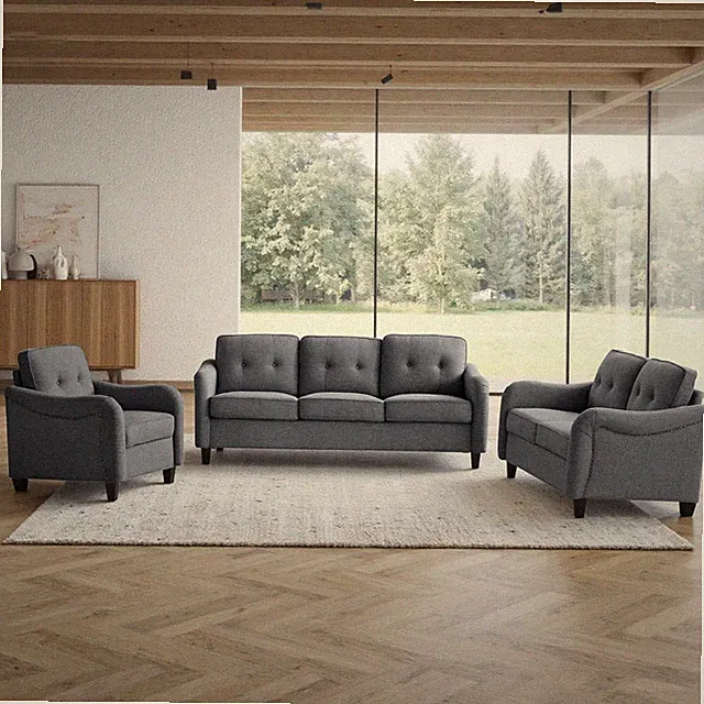 3-Piece Sofa Set with 1 Oversized Polyester 3-Seater Sofa & 1 Loveseat & 1 Singl