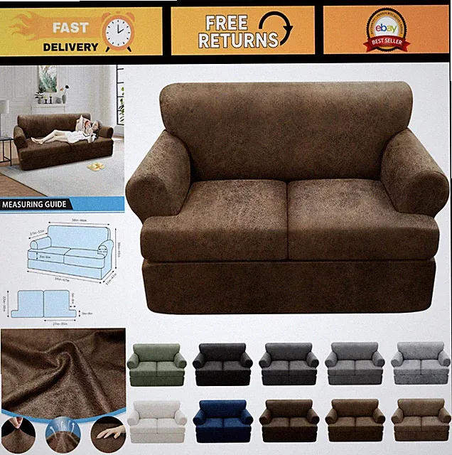 3-Piece T Cushion Loveseat Slipcovers - Stretch Leather Look Couch Covers, Brown