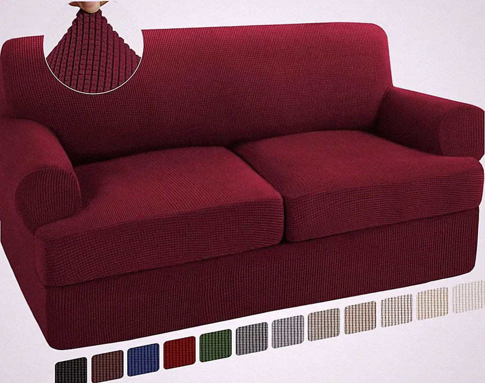 3 Piece T Cushion Loveseat Sofa Slipcover 2 Cushion Stretch Jacquard Burgundy