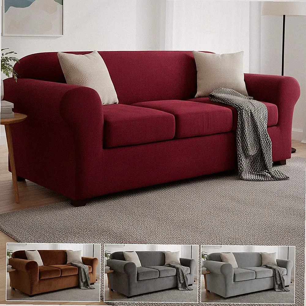 3-Piece Velvet Stretch Couch Cover Pet-Friendly Sofa Slipcover w/ Cushion Covers