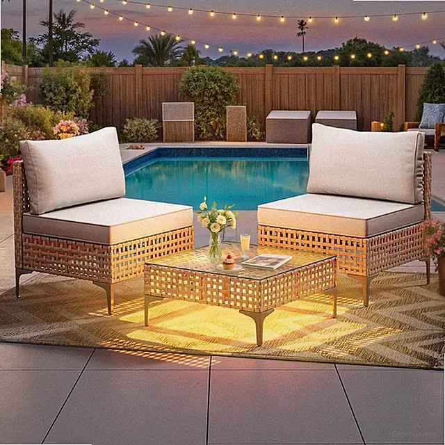 3-Piece Wicker Patio Furniture Set with Solar Light Table & Waterproof Cushions