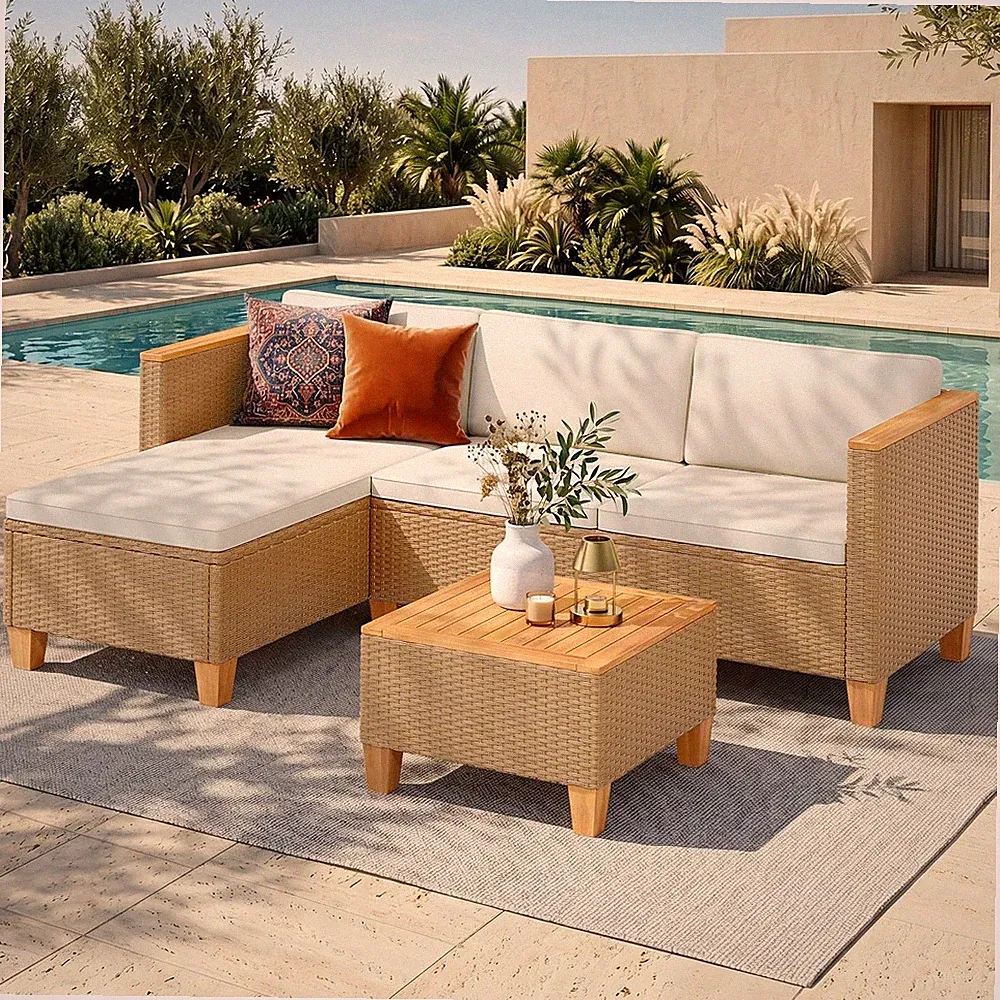 3-Piece Wicker Patio Sectional Furniture Set 4-Seat Yellow Coffee Table