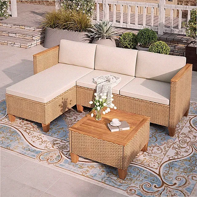 3-Piece Wicker Patio Sectional Set 4-Seat w/ Coffee Table Yellow