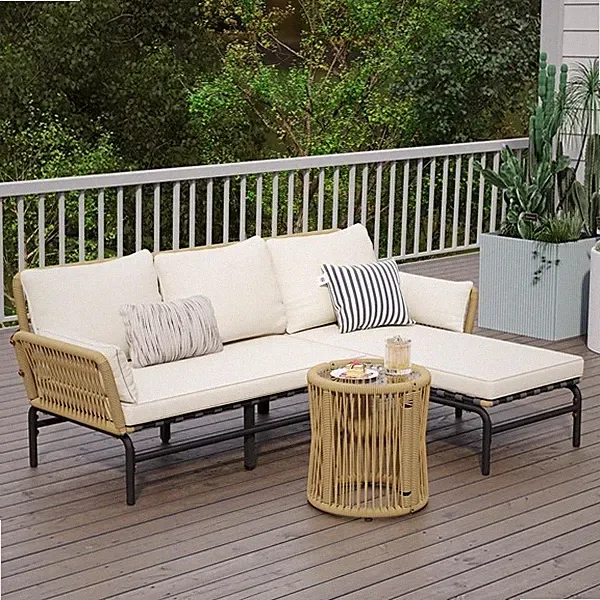 3-Piece Wicker Rattan Patio Sectional Conversation Furniture L-shaped Sofa Set
