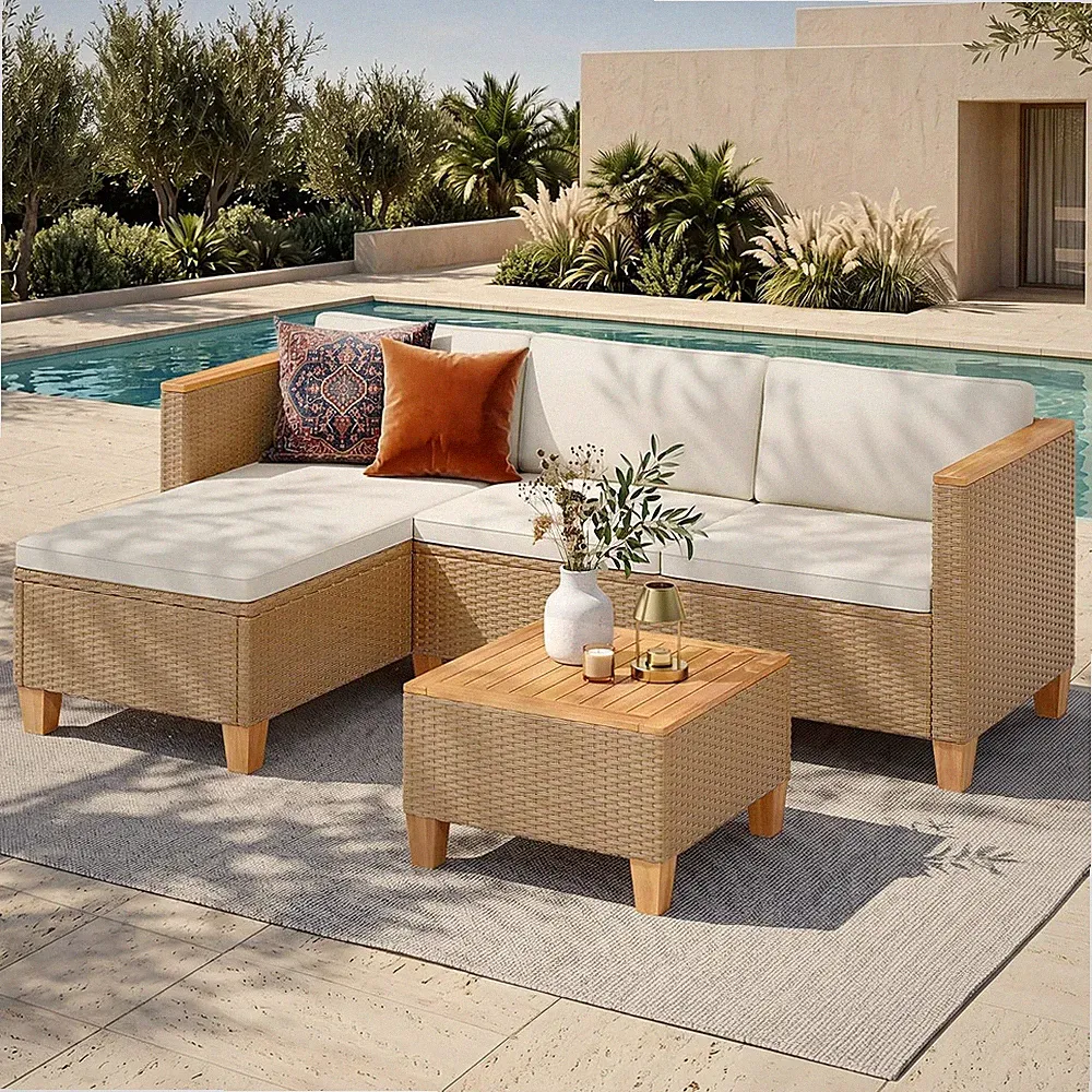 3-Piece Wicker Rattan Patio Sectional Set, 4-Seat, Yellow | Coffee Table, Modula