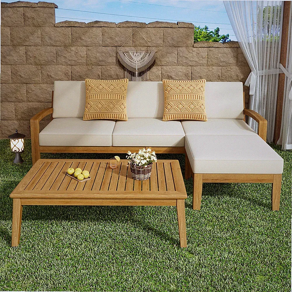 3 Pieces Acacia Wood Patio Furniture Sectional Conversation Sofa Set W/ Cushions