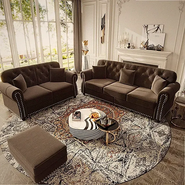 3 Pieces Chesterfield Sofa Set with Ottoman, 2 & 3 Seater Comfy Tufted Velvet Co