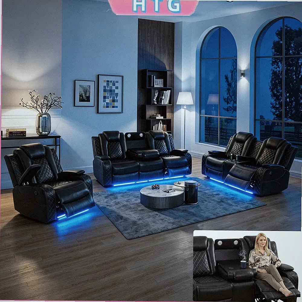 3 Pieces Electric Sofa Set Multi Functional Breathing Leather Reclining Sofa Set