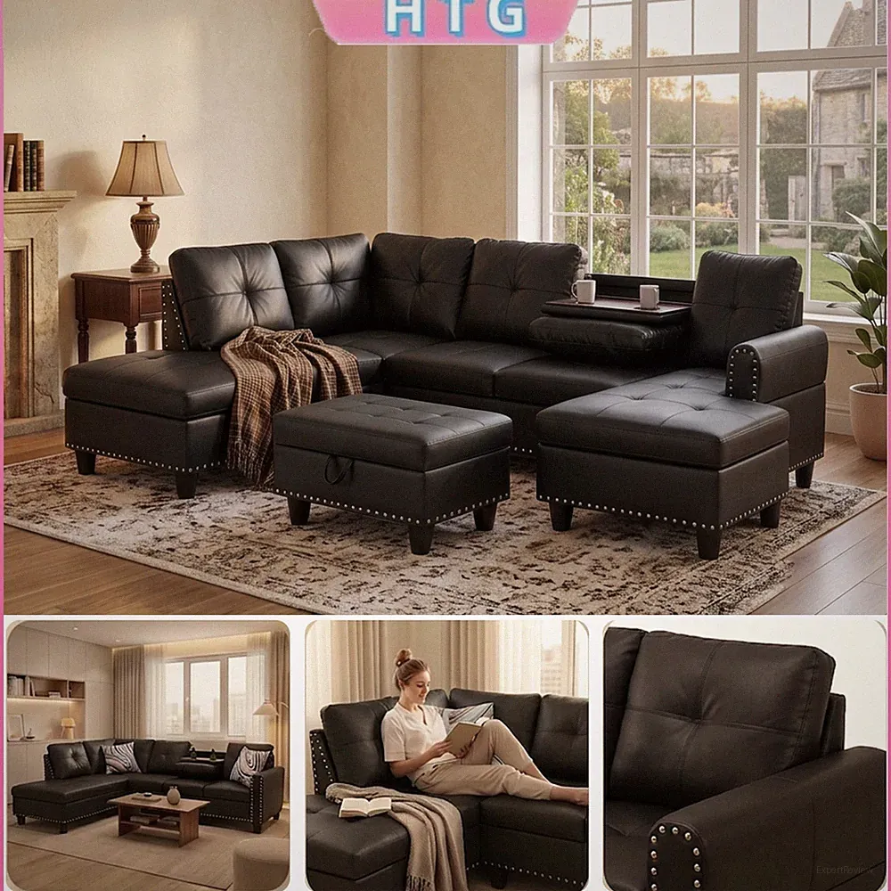 3-Pieces Faux Leather L-Shaped Sofa Set Living Room Couch w/ Storage Ottoman