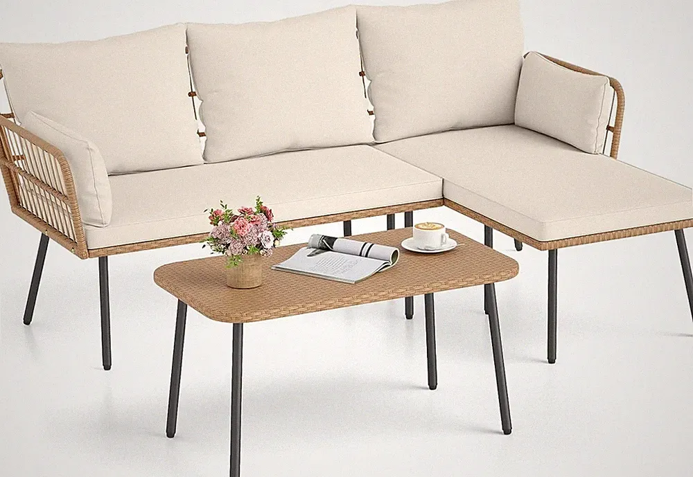 3 Pieces L-Shaped Patio Furniture Set Outdoor Sectional Cushioned Sofa W/ Coffee