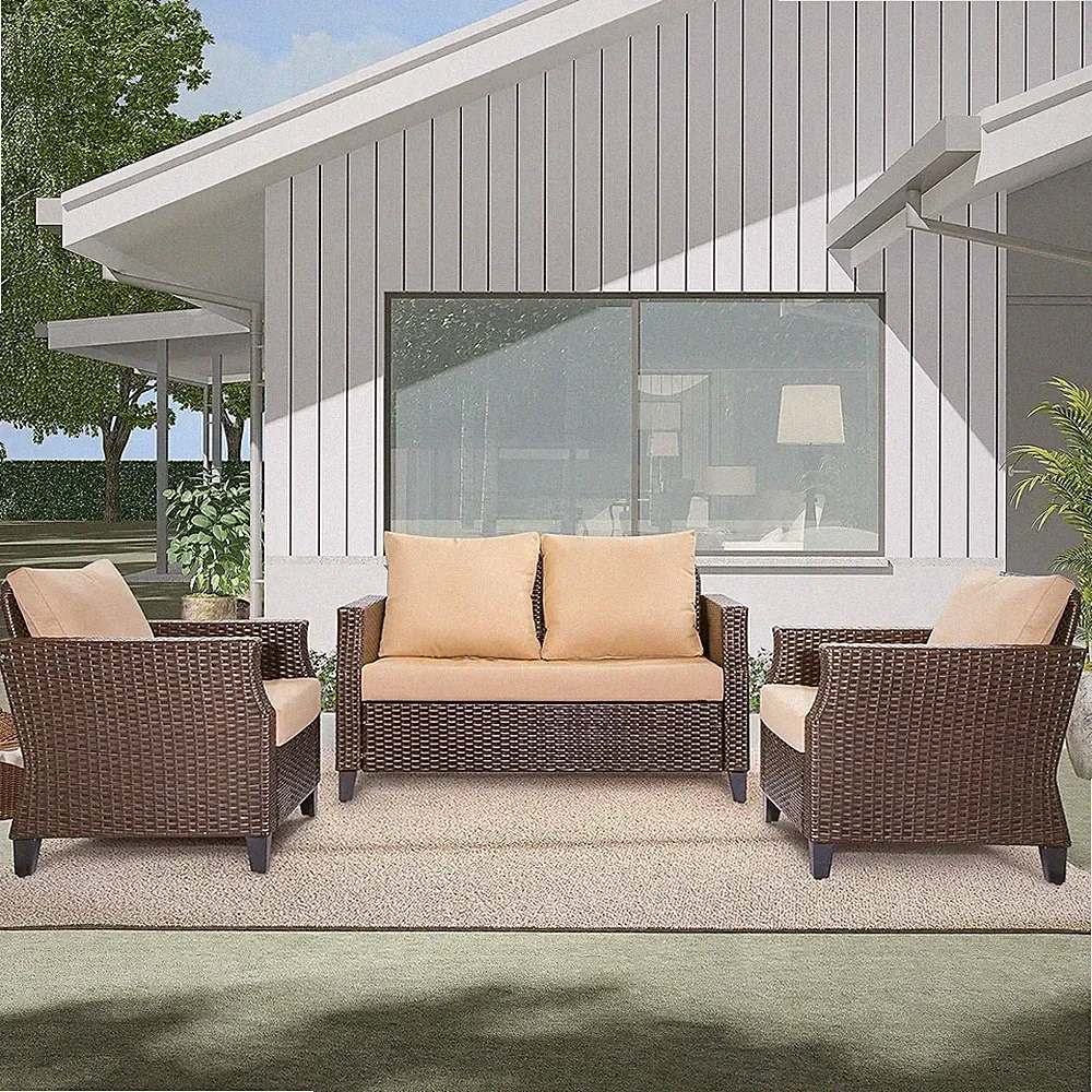 3 Pieces Outdoor Wicker Sectional Sofa Set, All Weather Rattan Garden Patio