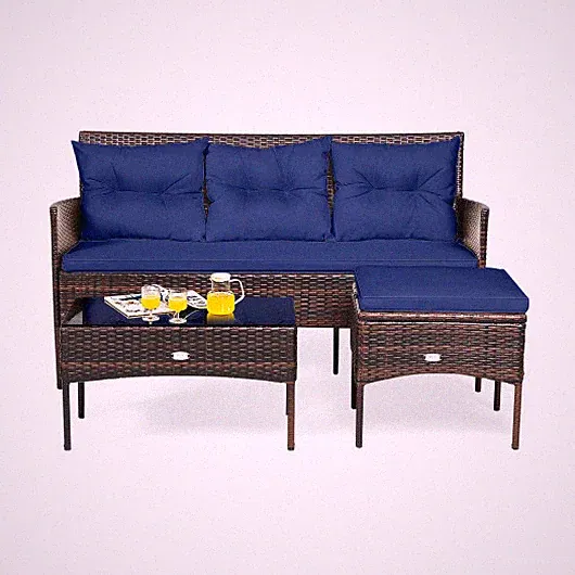 3 Pieces Patio Furniture Sectional Set with 5 Cozy Cushions-Navy - Color: Navy