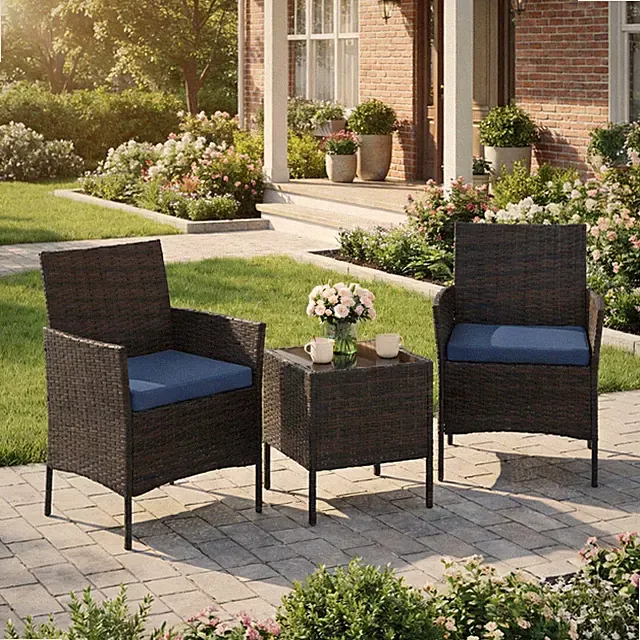 3 Pieces Patio Furniture Set Outdoor Sectional Sofa Rattan Wicker Sofa Blue