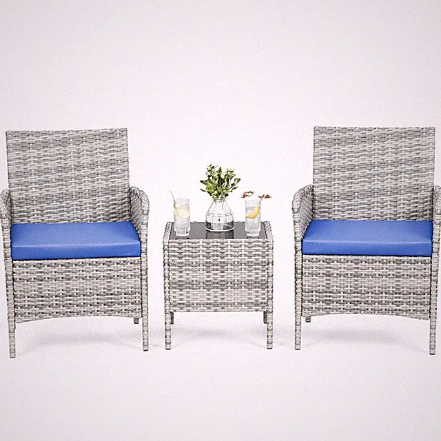 3-Pieces Patio Furniture Set Outdoor Sectional Sofa Rattan Wicker Sofa Blue&Gray