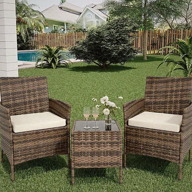 3 Pieces Patio Furniture Set Outdoor Sectional Sofa Rattan Wicker Sofa Brown