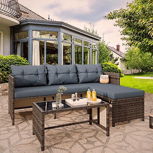 3 Pieces Patio Furniture Sets, All-Weather Wicker Outdoor Sofa Couch Sectional S