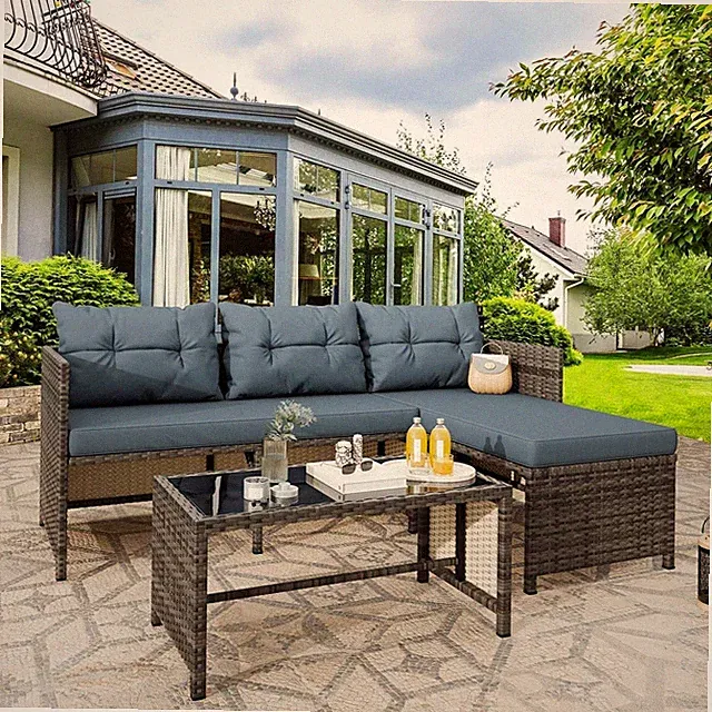 3 Pieces Patio Furniture Sets, All-Weather Wicker Outdoor Sofa Couch Sectional S