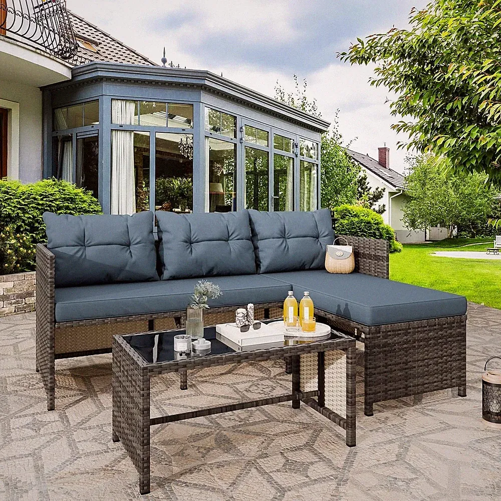 3 Pieces Patio Furniture Sets, All-Weather Wicker Outdoor Sofa Couch Sectional S
