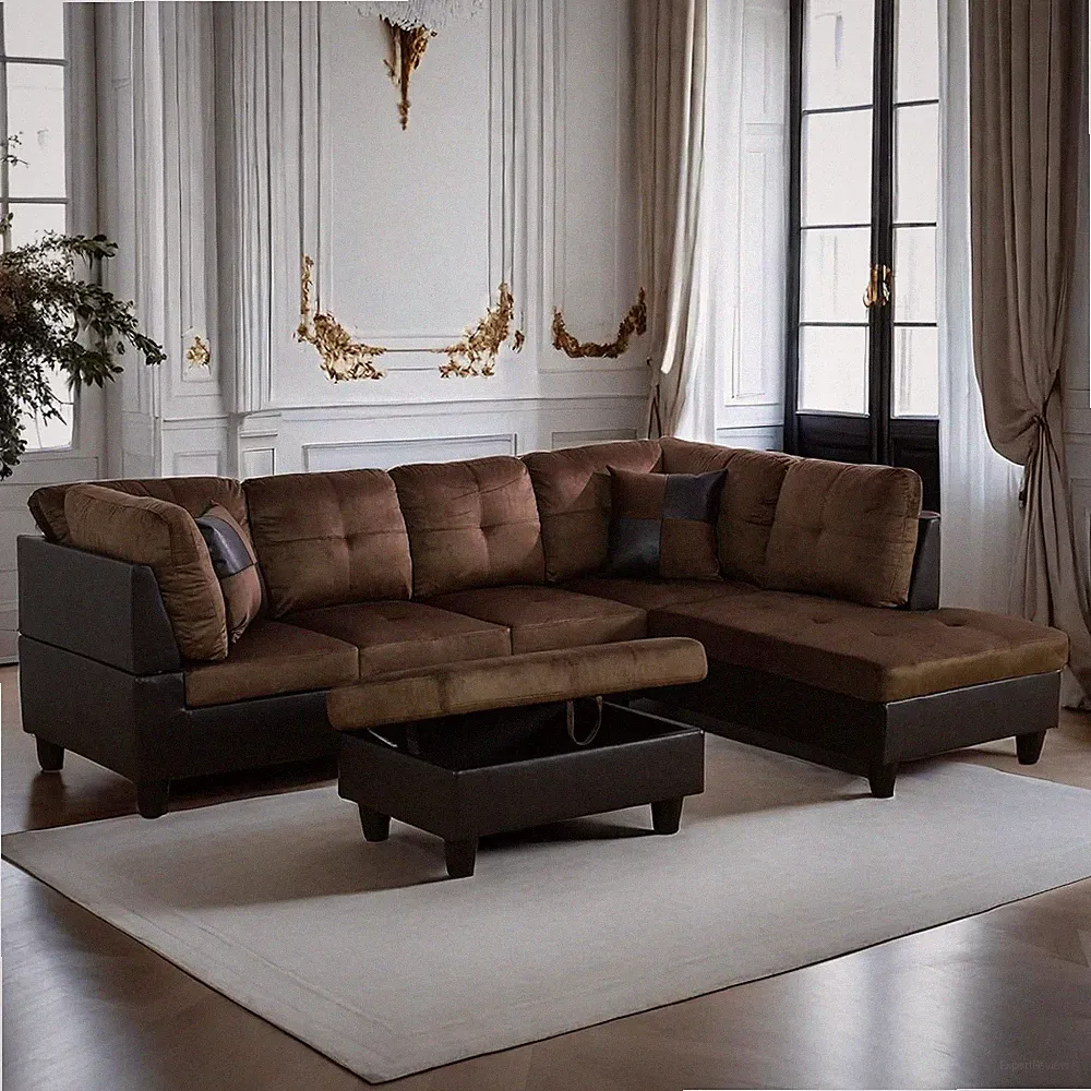3 Pieces Sectional Sofa Sets, L-Shape Sofa Microfiber Couch Living Room Sofa Set