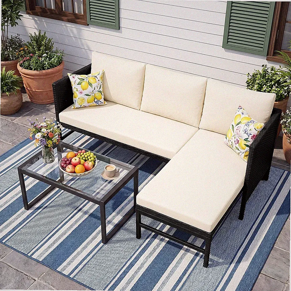 3 Pieces Wicker L-Shaped Outdoor Sectional – Patio Couch Set with Tempered