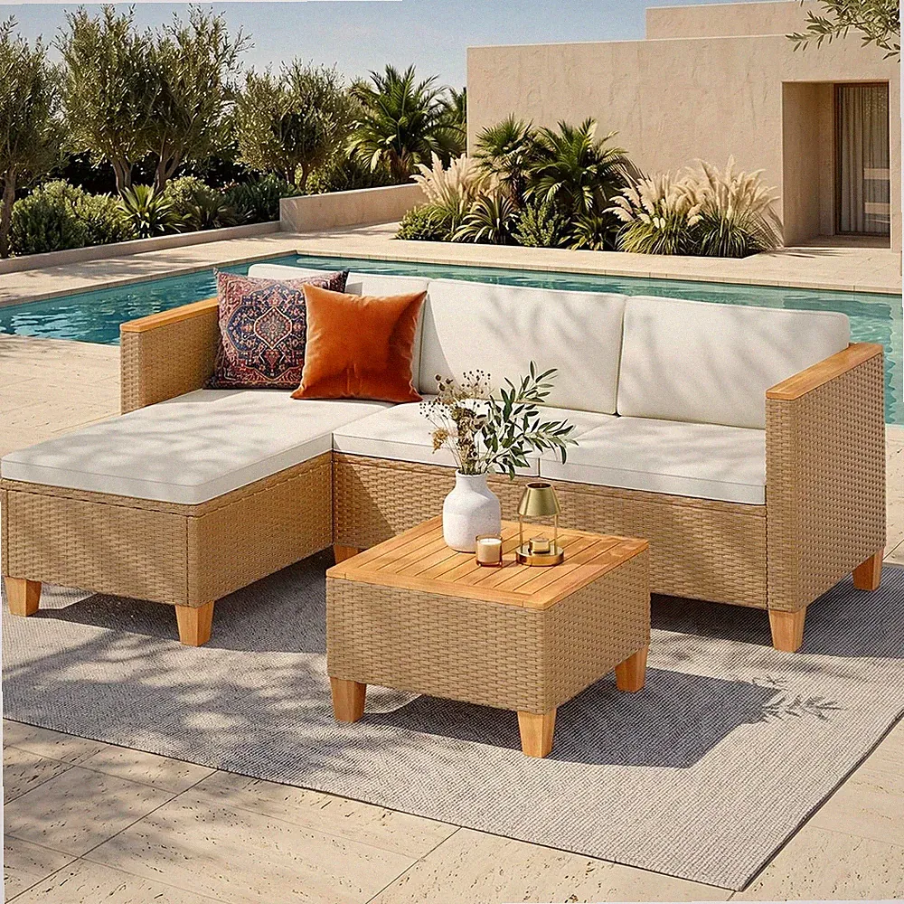 3 Pieces Wicker Outdoor Sectional Sets Yellow Rattan Conversation Coffee Table