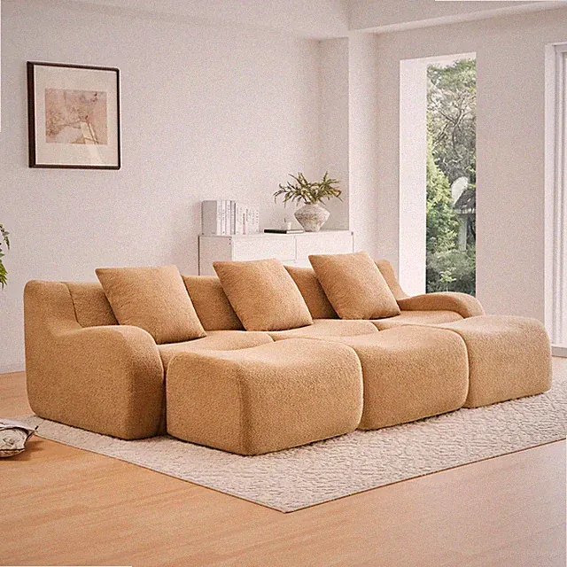 3-Seat Boneless Modular Sectional Sofa with Teddy Fabric and Curved Arms Camel