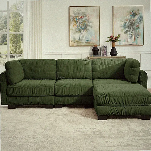 3-Seat Chenille Sectional Sofa Easy Assembly L-Shape Ottoman