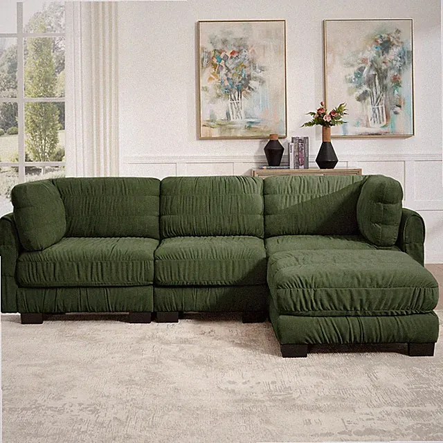3-Seat Chenille Sectional Sofa Ruched Detailing L-Shape Ottoman