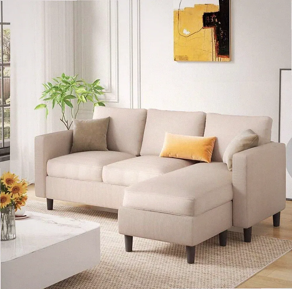 3-Seat Convertible L-Shaped Sectional Sofa With Ottoman, Breathable Fabric
