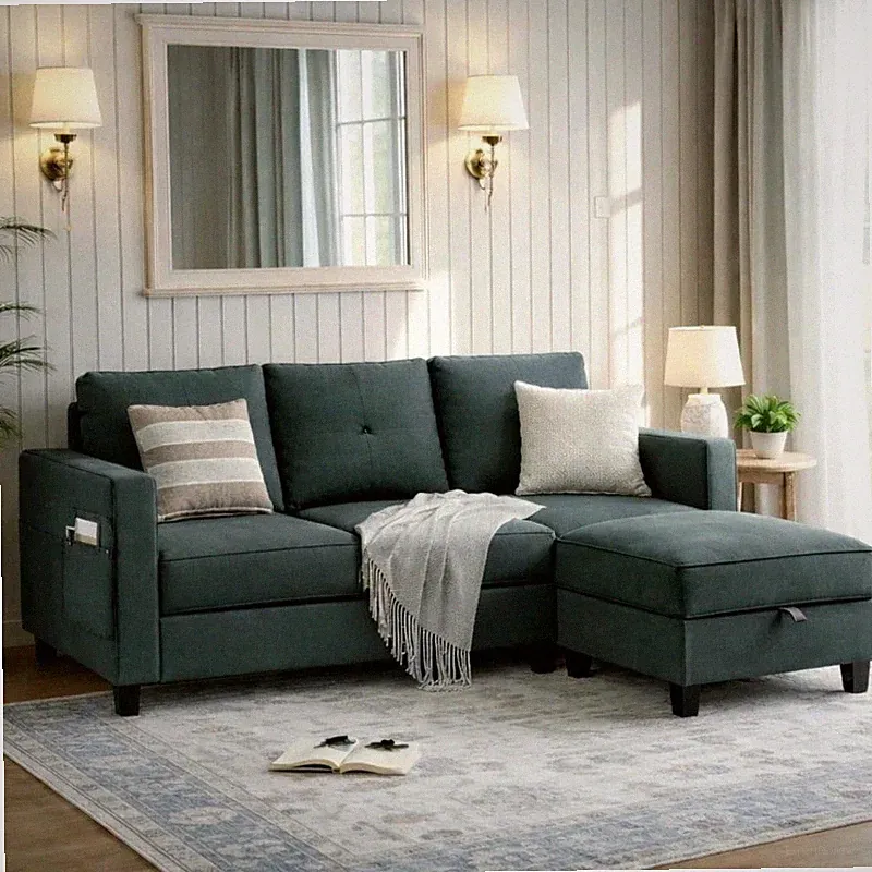 3-Seat Convertible L-Shaped Sectional Sofa with Reversible Storage Ottoman
