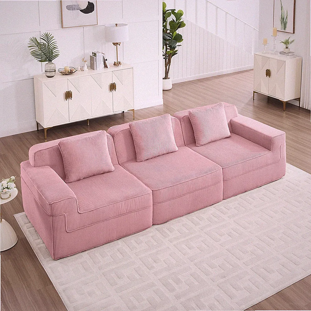 3-Seat Corduroy Cloud Sofa Modular Sectional, Plush Pink w/ Pillows