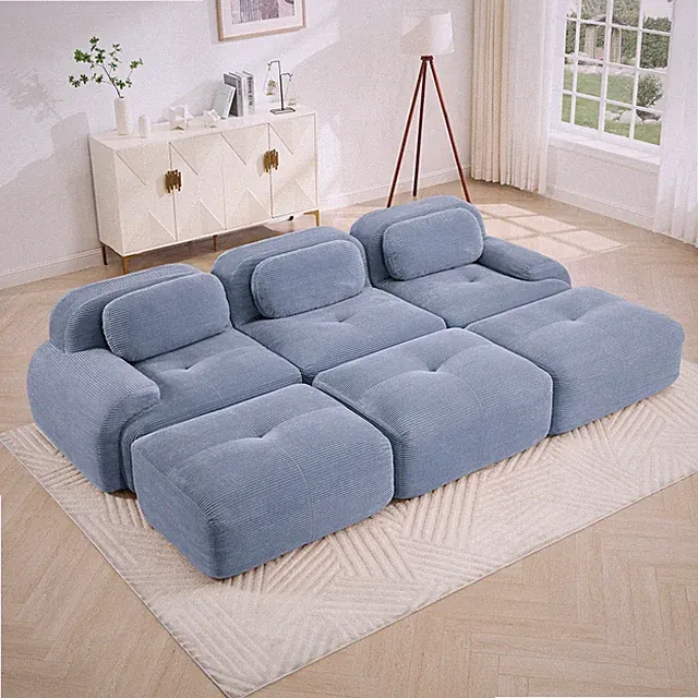 3 Seat Corduroy Modular Sectional Sofa with Ottomans - No Assembly
