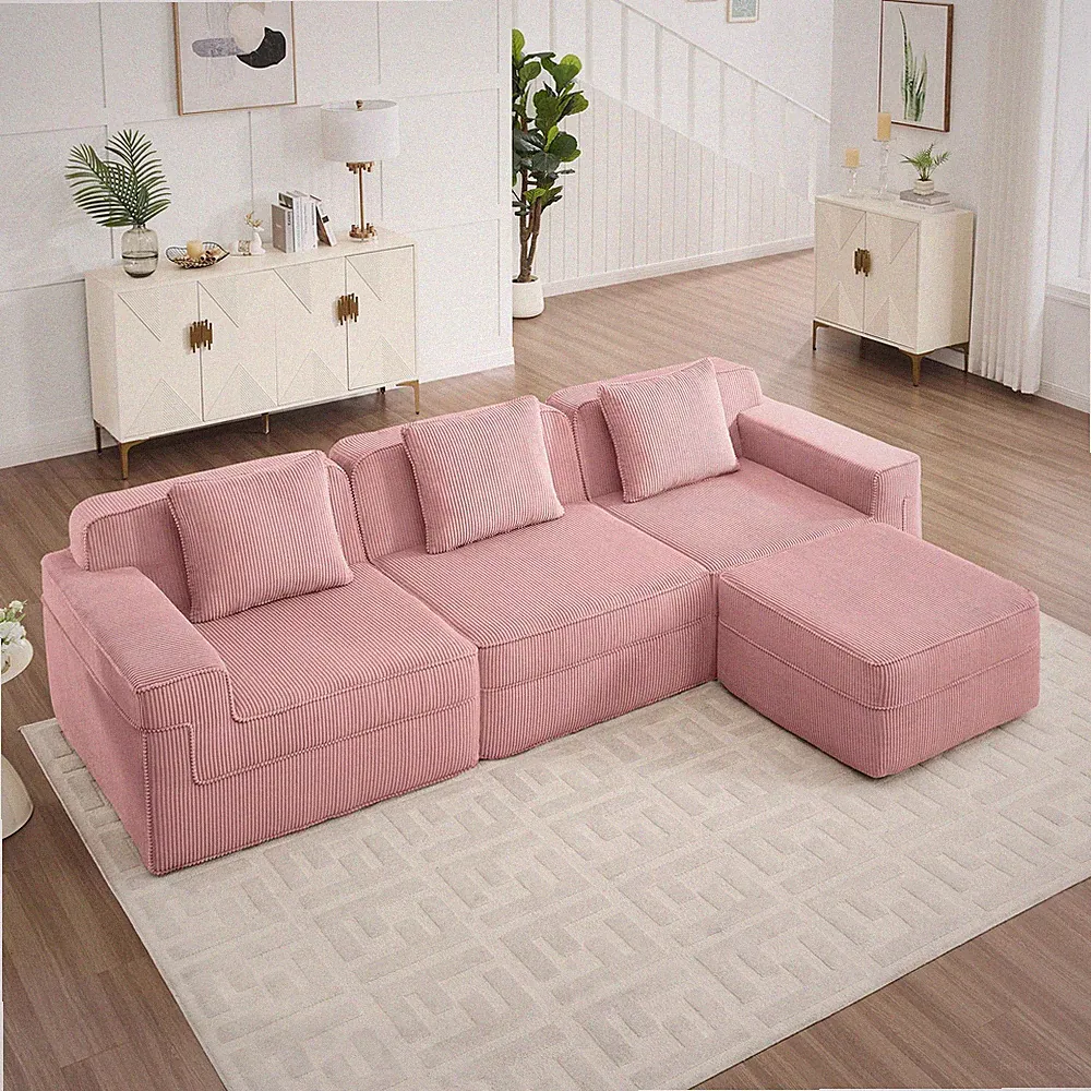 3-Seat Corduroy Sectional Sofa w/ Ottoman, Cloud Couch Pink, No Assembly Needed
