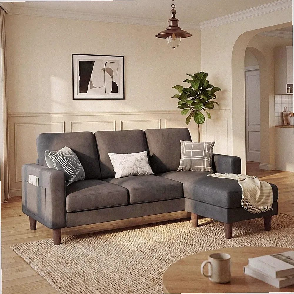 3 Seat Couch L Shape Sofa with Side Storage Pockage, Sectional Couches with R...