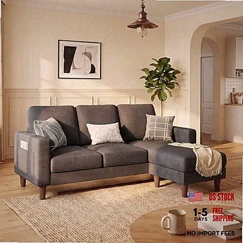 3 Seat Couch L Shape Sofa with Side Storage Pockage, Sectional Graphite Grey