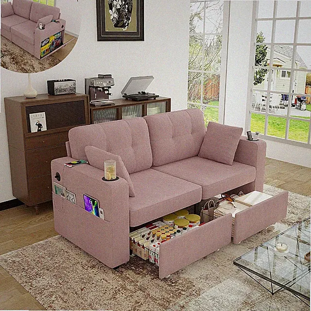 3-Seat Couch with USB Ports, Cup Holders, Side Pockets & Drawers & Slide-Out Sid