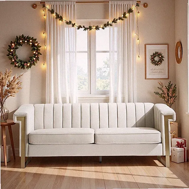 3-Seat Cream Velvet Sofa with Gold Accents, Tufted Upholstery