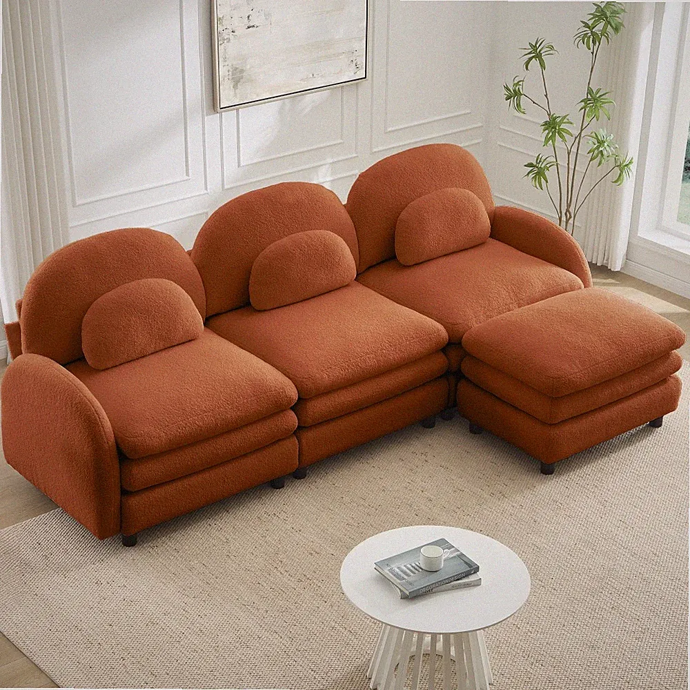 3-Seat Curved Back Sectional Sofa w/ Ottoman & Pillows, Orange Fabric